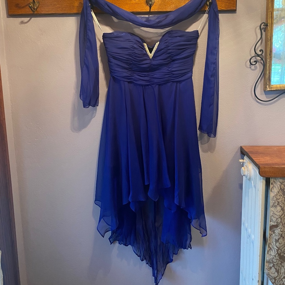 Deep blue prom dress cocktail sz large, rhinestone and ruched bust hi-lo hem